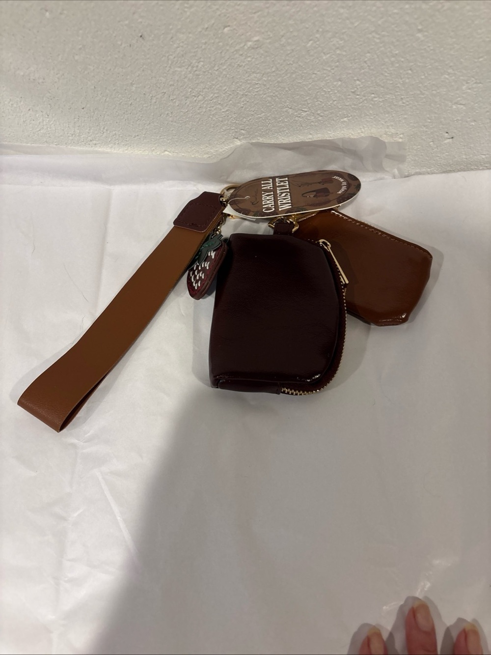 Dual Pouch Carry All Wristlet Keychain Coin Purse Hands Free Faux Leather NWT